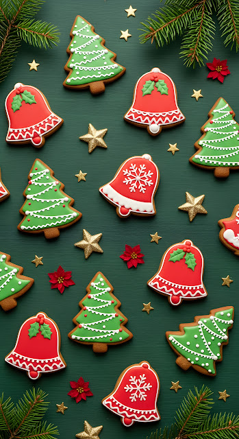 Festive Gingerbread Christmas Cookies Pattern Green Background - Free mobile Wallpaper