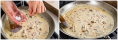 Chế 240ml sữa tươi, 80ml heavy cream, 1 muỗng nước tương vào chảo thịt nấm. Khuấy nhẹ tay cho tất cả hòa quyện vào nhau. Nêm thêm chút muối và tiêu vào chảo nước sốt cho vừa miệng nha. Thêm nước luộc mì ở bước 1 để phần nước sốt được thơm ngon hơn. Nước sốt vừa sôi lăn tăn thì hạ nhỏ lửa, cho mì Ý vào chảo sốt kem, đảo đều lên để mì thấm sốt rồi tắt bếp. Rắc thêm chút tiêu lên mì, gắp mì ra dĩa là hoàn thành rồi đó.