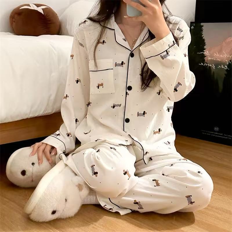 Damen-Pyjama, langärmelig, weich, Cartoon-Design