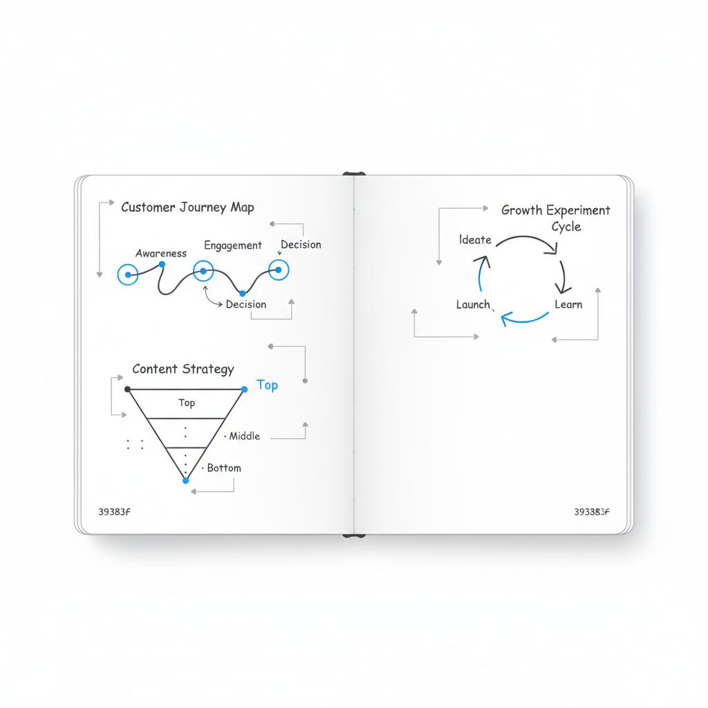 Top-down 2D vector notebook sketch of a partner contribution matrix, a 30&ndash;60&ndash;90 timeline and small KPI charts with minimalist layout and #1a5bfb accents on white &mdash; 5 C's of marketing