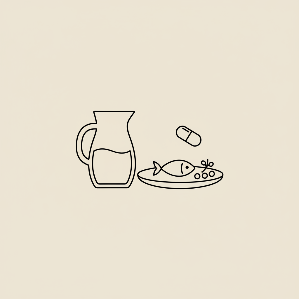 Minimal Tonum-style line illustration of a water carafe, plate with fish and a sprig of legumes, and a capsule on beige background representing kidney health.