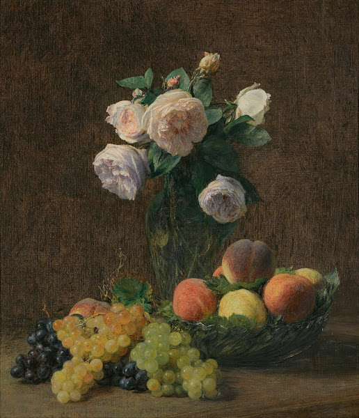 Nature Morte Vase De Roses Pêches Et Raisins 1894