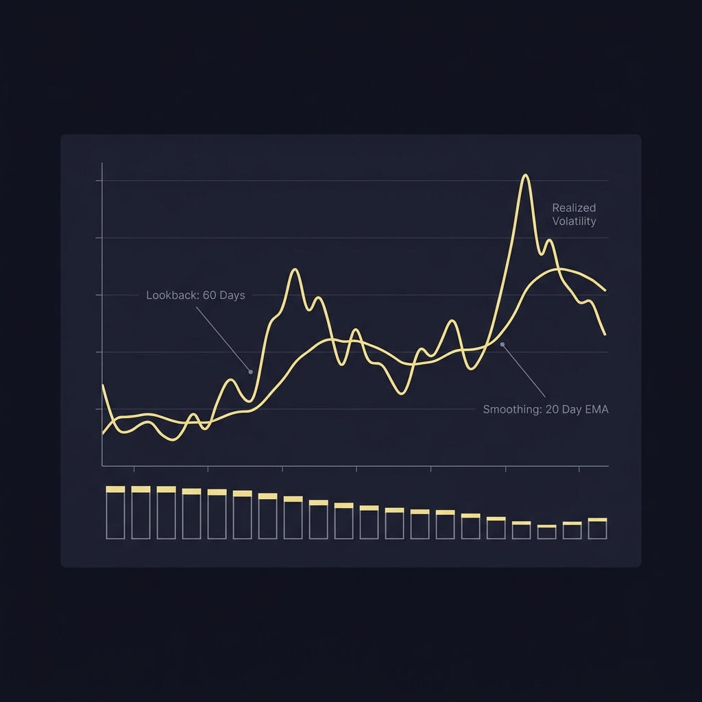 Minimal diagram showing realized volatility line and scaled position size bars with annotations for lookback and smoothing for Risk Management for High-Variance Markets