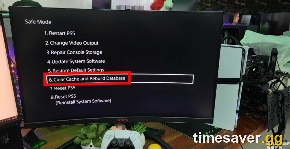 PS5 Safe Mode menu with "Clear Cache and Rebuild Database" highlighted