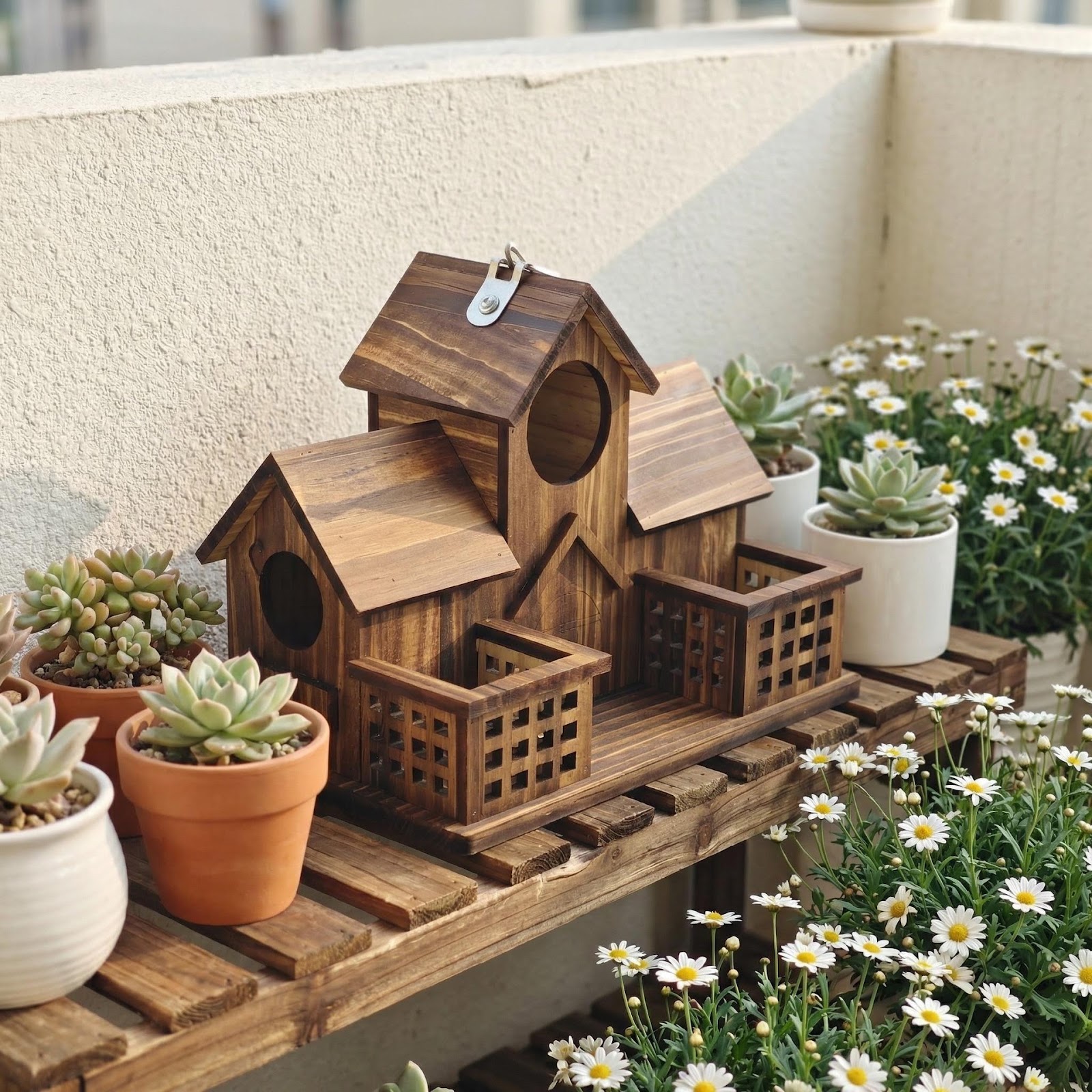 Vogelhaus aus Kiefernholz mit Futterstation