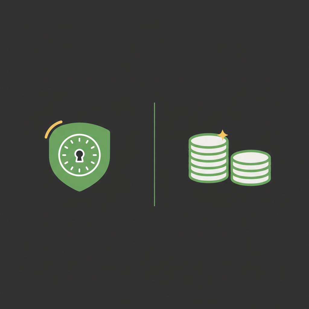 Minimal two column vector comparison showing custody shield icon and stacked coins fees icon for alto crypto ira on dark background with green and gold accents
