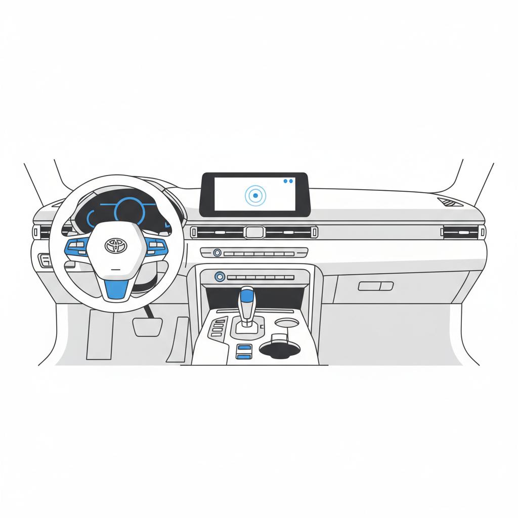 Minimalist 2D vector of A90 Supra interior showing infotainment touchscreen and center console with blue 3666ed accents on white background ideal for toyota supra for sale listing