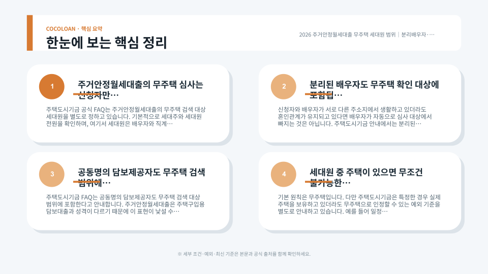 주거안정월세대출 무주택 확인 대상 세대원을 관계별로 정리한 주거 심사 개념 이미지