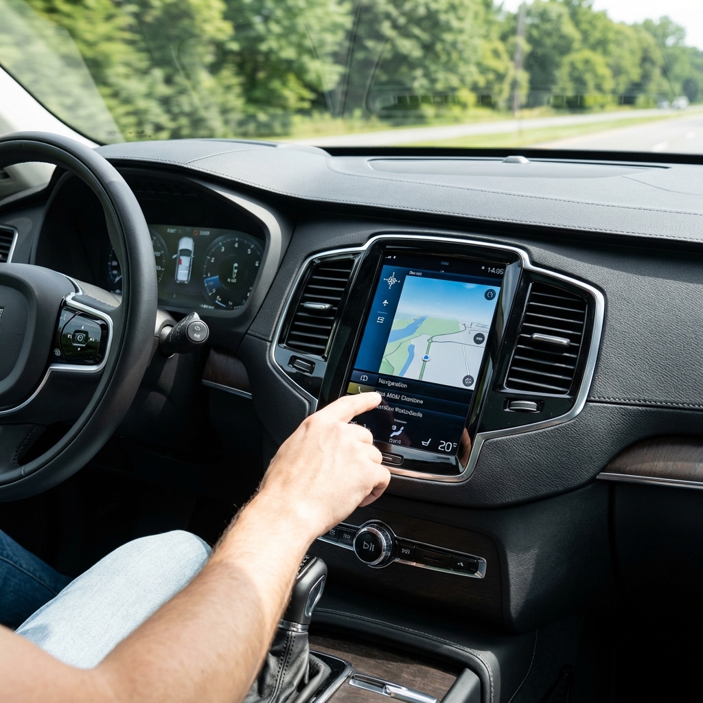 Close up of Volvo XC90 dashboard and infotainment touchscreen during a test drive showing hand interacting with screen and controls modern minimalist interior volvo xc90 for sale