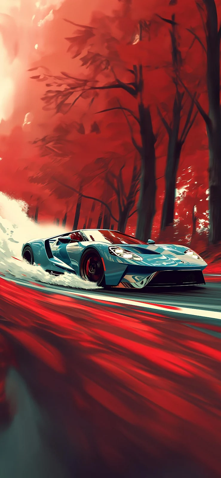 Blue Ford GT Racing Red Forest - Digital Concept Art Full HD iPhone Wallpaper (1284x2778)