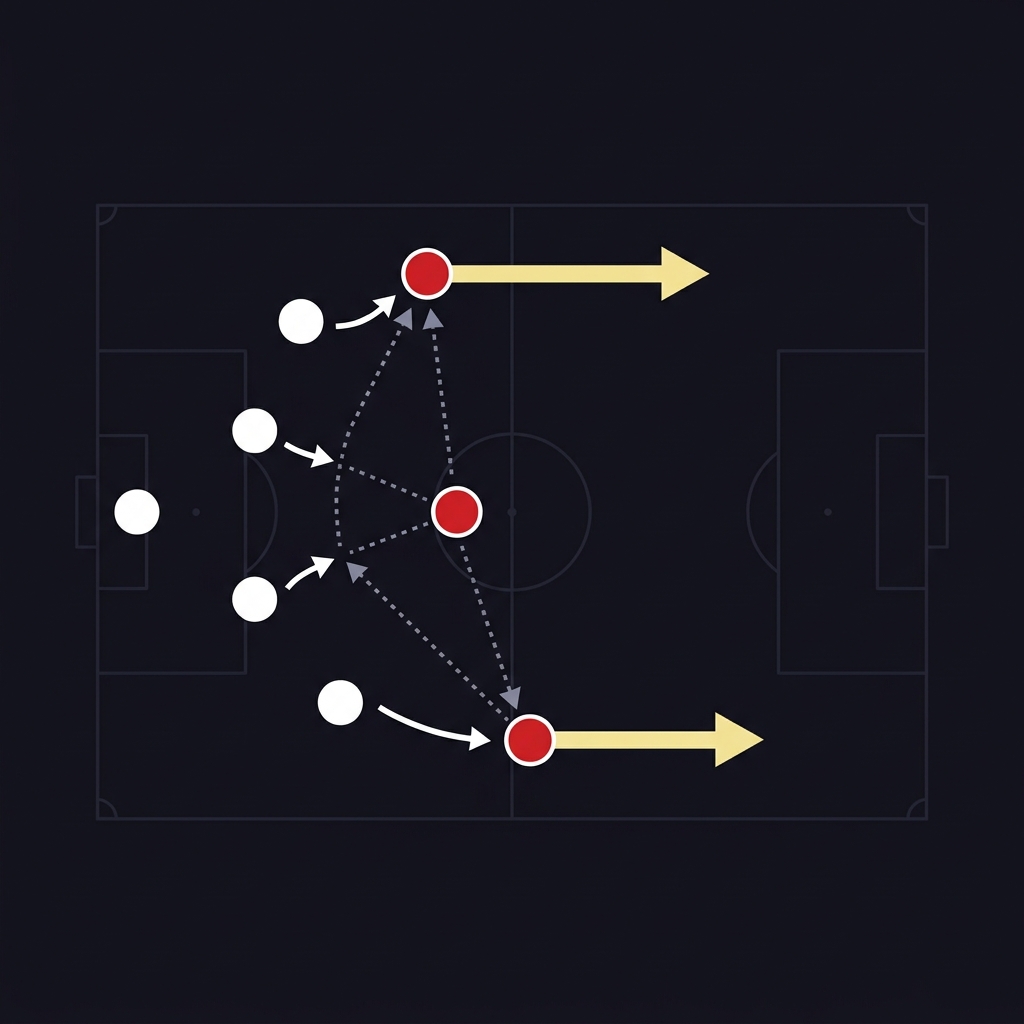 Minimalist 2D vector tactical diagram showing athletic bilbao prediction wing play and pressing with red and white circular markers arrows for forward wing runs and pressing directions on a dark Funded Plays style background