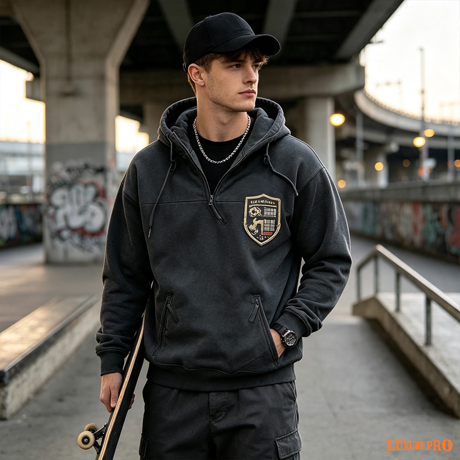 2D three-zippered hooded sweatshirt