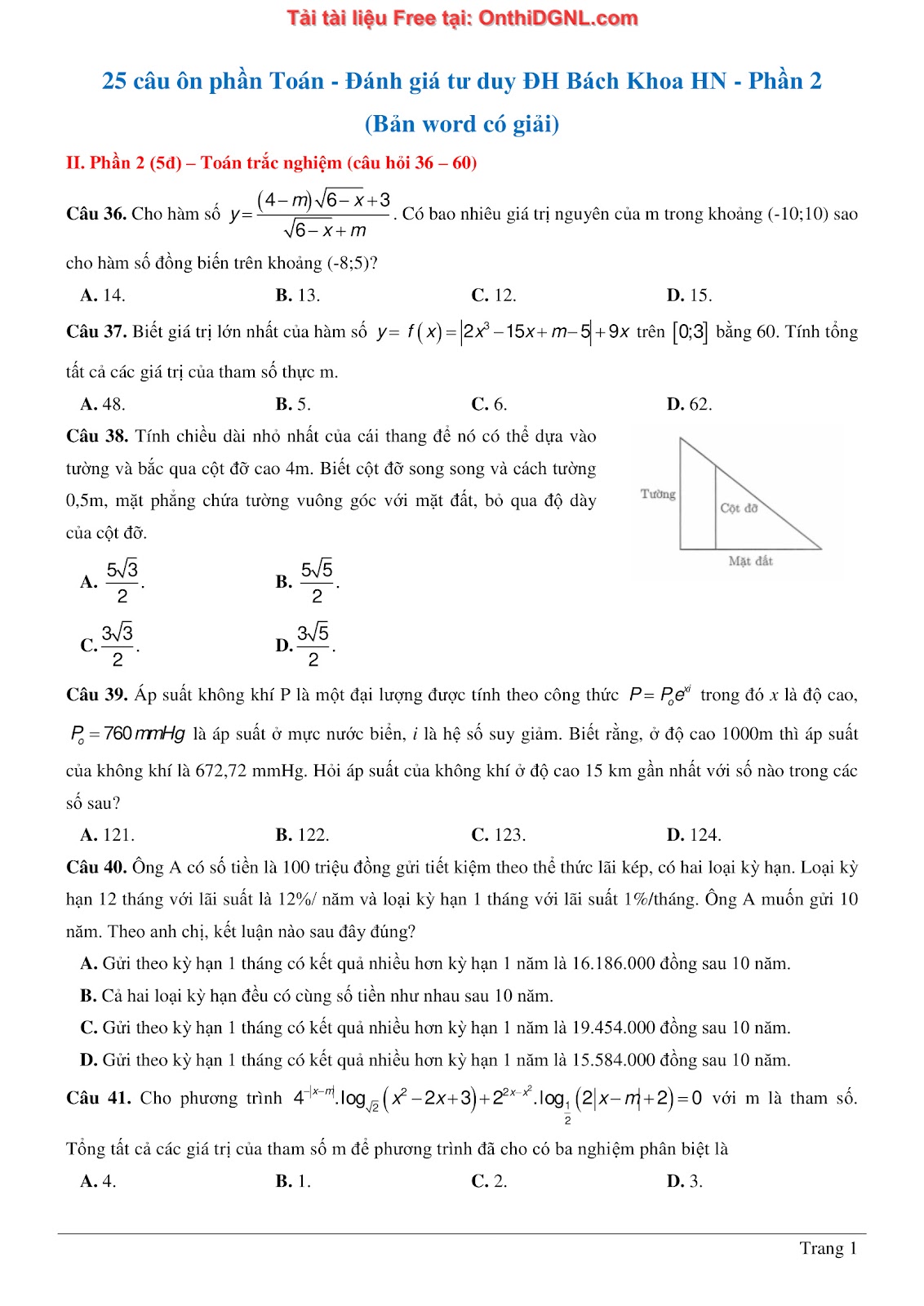475 bài tập môn Toán - Ôn thi ĐGTD ĐH Bách Khoa Hà Nội Phần 2