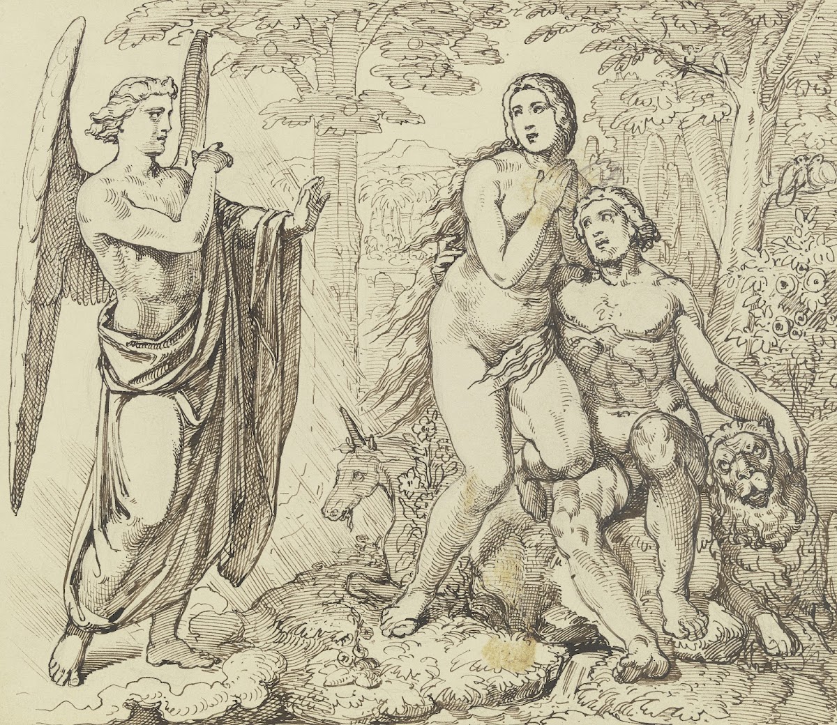 Ein Engel überbringt Adam und Eva Gottes Verbot vom Baum der Erkenntnis des Gute