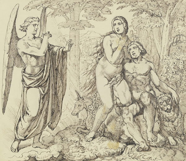 Ein Engel überbringt Adam und Eva Gottes Verbot vom Baum der Erkenntnis des Gute