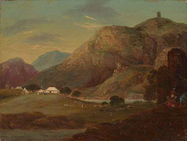 An encampment by a river at dusk