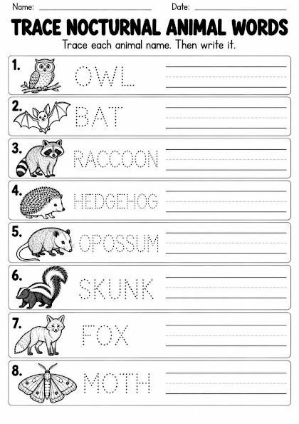 Nocturnal Animal Word Tracing Worksheet