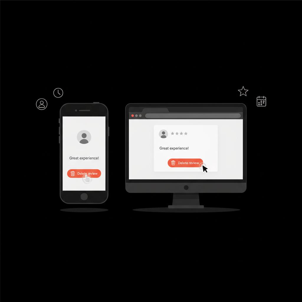 Minimal vector infographic of phone and desktop side-by-side showing a highlighted 'delete a Google review' action with accent color and simple icons