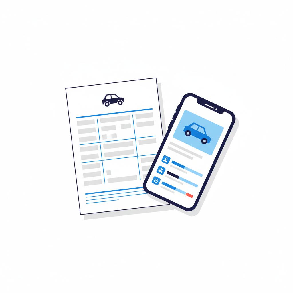 Minimalist vector illustration of a VIN vehicle history report beside a smartphone listing representing mini cooper for sale with CarFax Deals blue and clean white layout