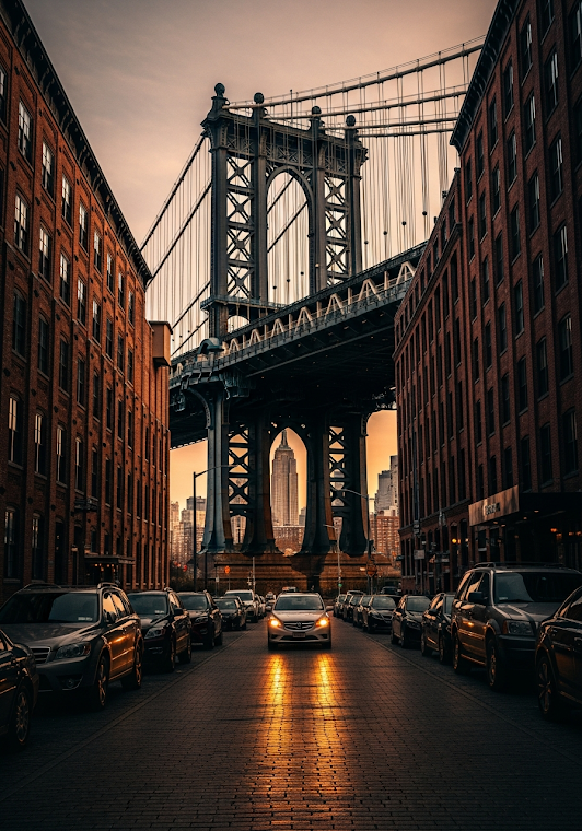 Manhattan Bridge Street View Sunset