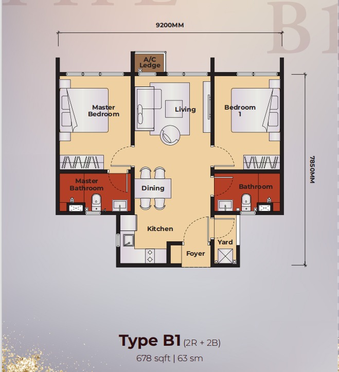 Queenswoodz Type B1 floor plan — 1008 sq ft, 3 bedrooms
