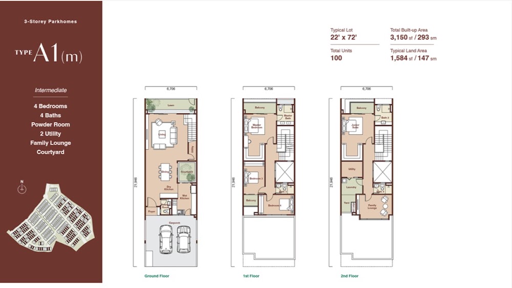 Zenia Damansara Parkhome - Type A2 (3-Story Corner) floor plan — 3250 sq ft, 4 bedrooms