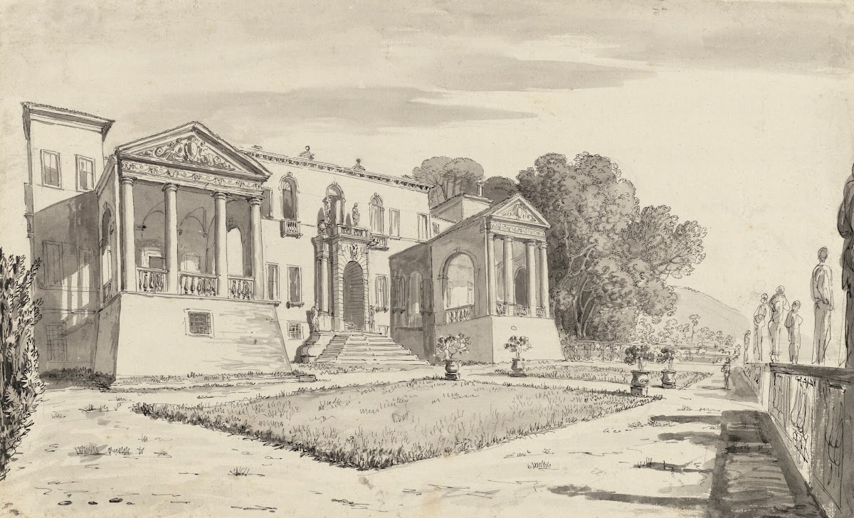 A view of a villa from a terrace with a balustrade surrounded by statues