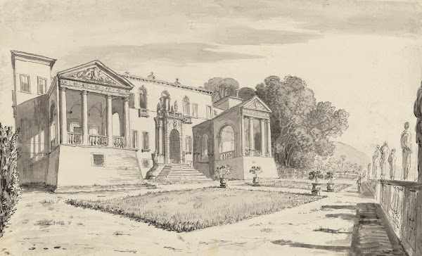 A view of a villa from a terrace with a balustrade surrounded by statues