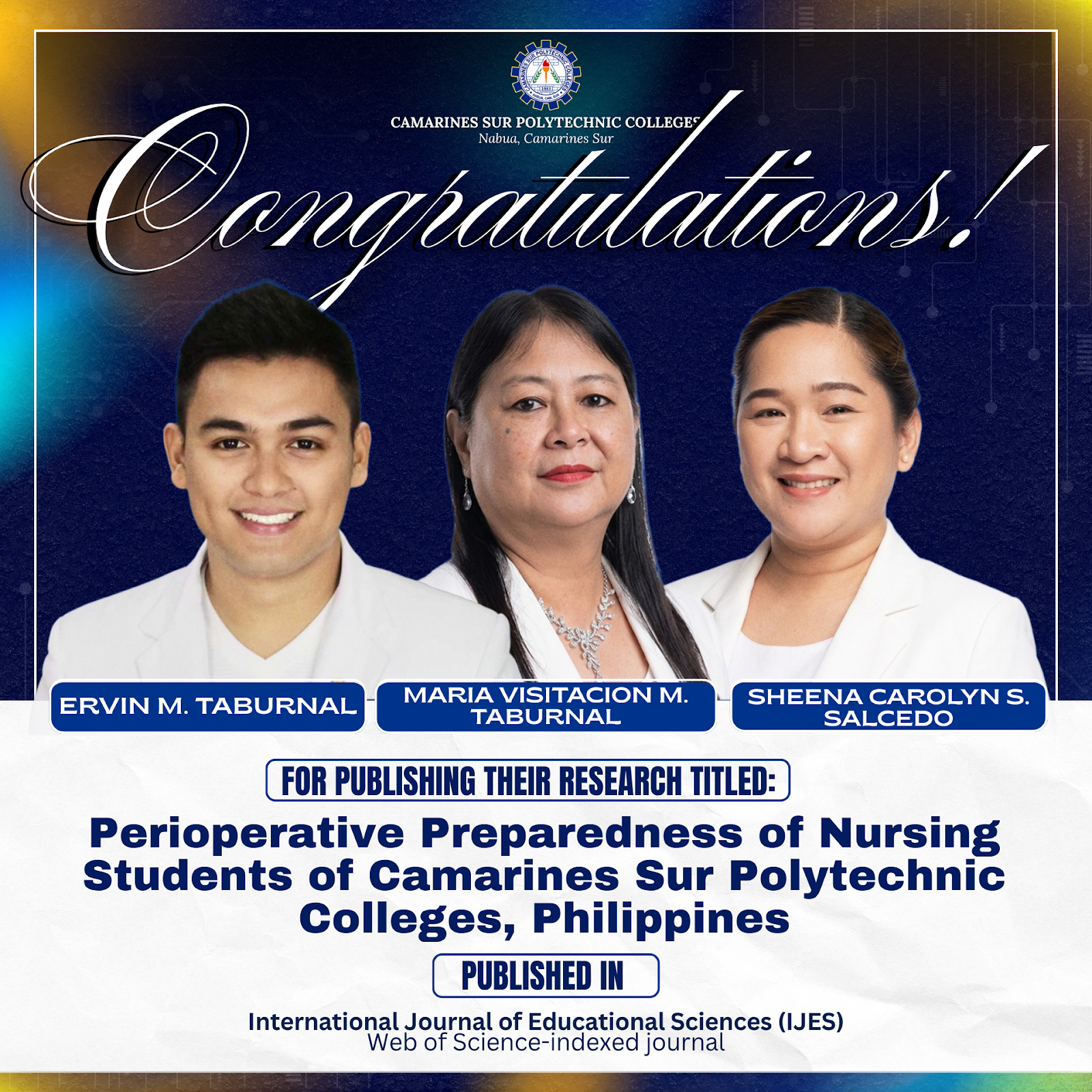 CSPC Congratulates Ervin M. Taburnal, Maria Visitacion M. Taburnal, and Sheena Carolyn S. Sedeño on Research Publication in a Web of Science-Indexed Journal