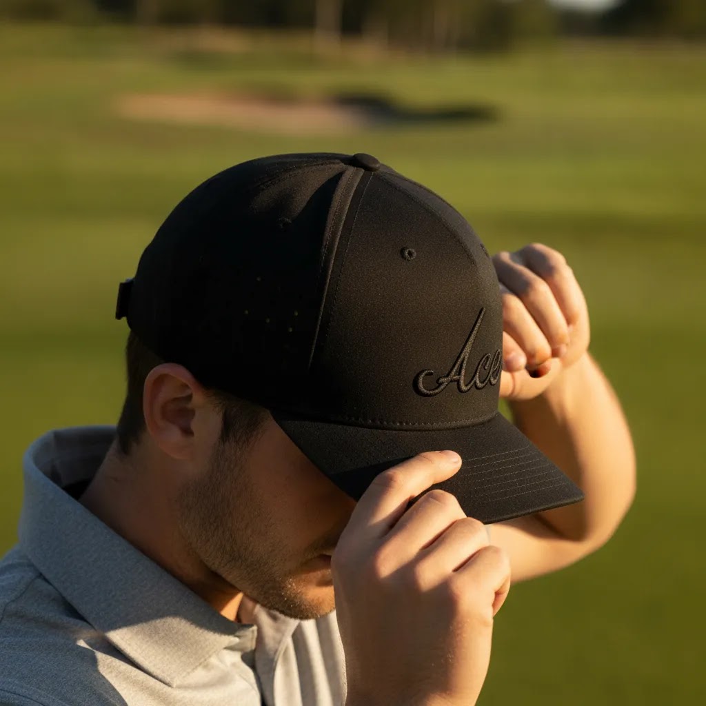 Black golf hat shown for fit comfort and sun protection during a round of golf