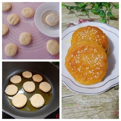 Chia bột thành từng phần nhỏ, rồi viên thành hình tròn dẹt. Lăn bột qua mè. Đun sôi dầu trong chảo, thả bột vào rán khoảng 3-5 phút cho vàng đều hai mặt là ăn được.
