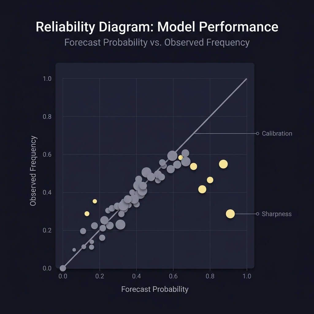 Close up reliability diagram showing points near and off the diagonal annotated for calibration and sharpness on a minimalist dark background How to Separate Skill from Short-Term Luck