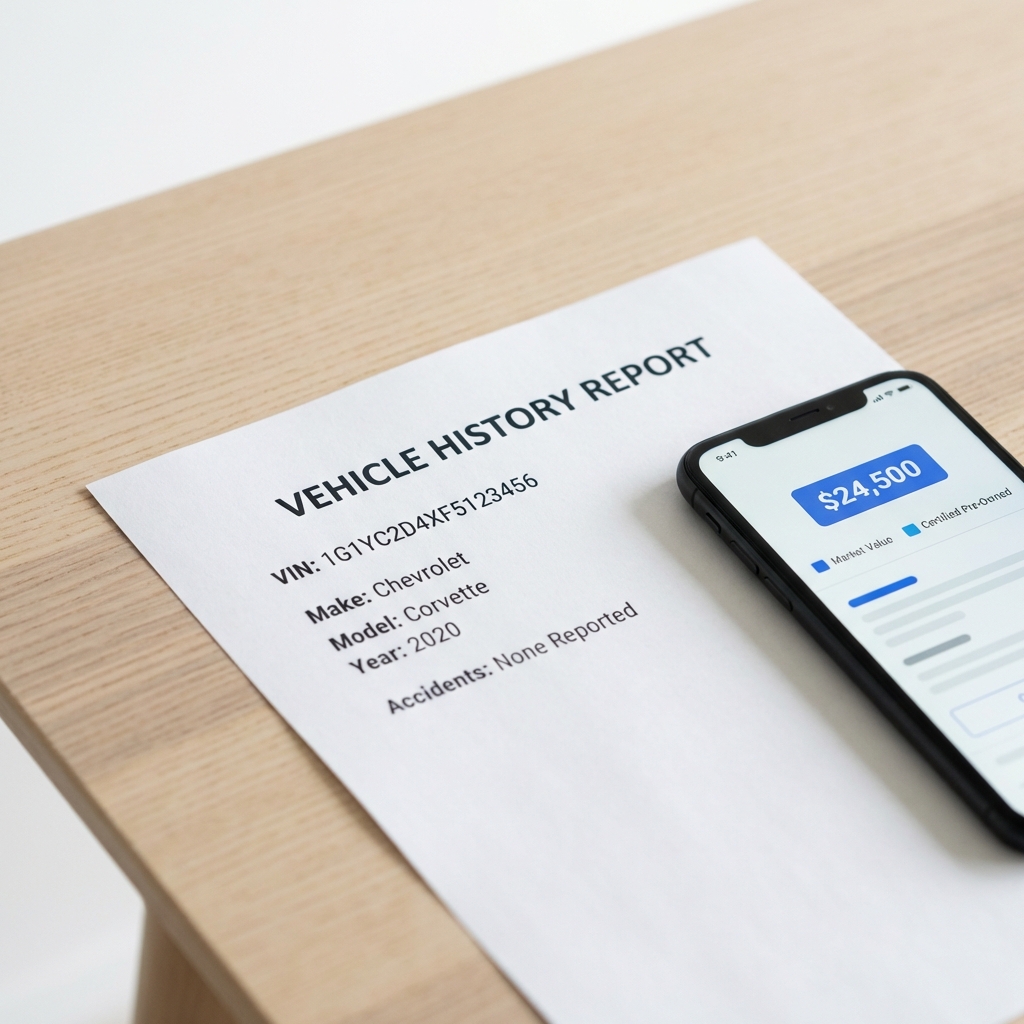 Close up of printed vehicle history report next to smartphone showing price label on a light wooden table asking is carfax value the same as blue book value