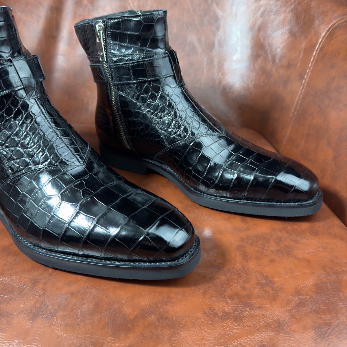 black genuine alligator leather jodhpur boots for men with dual zippers and wraparound buckle - detail 2.2