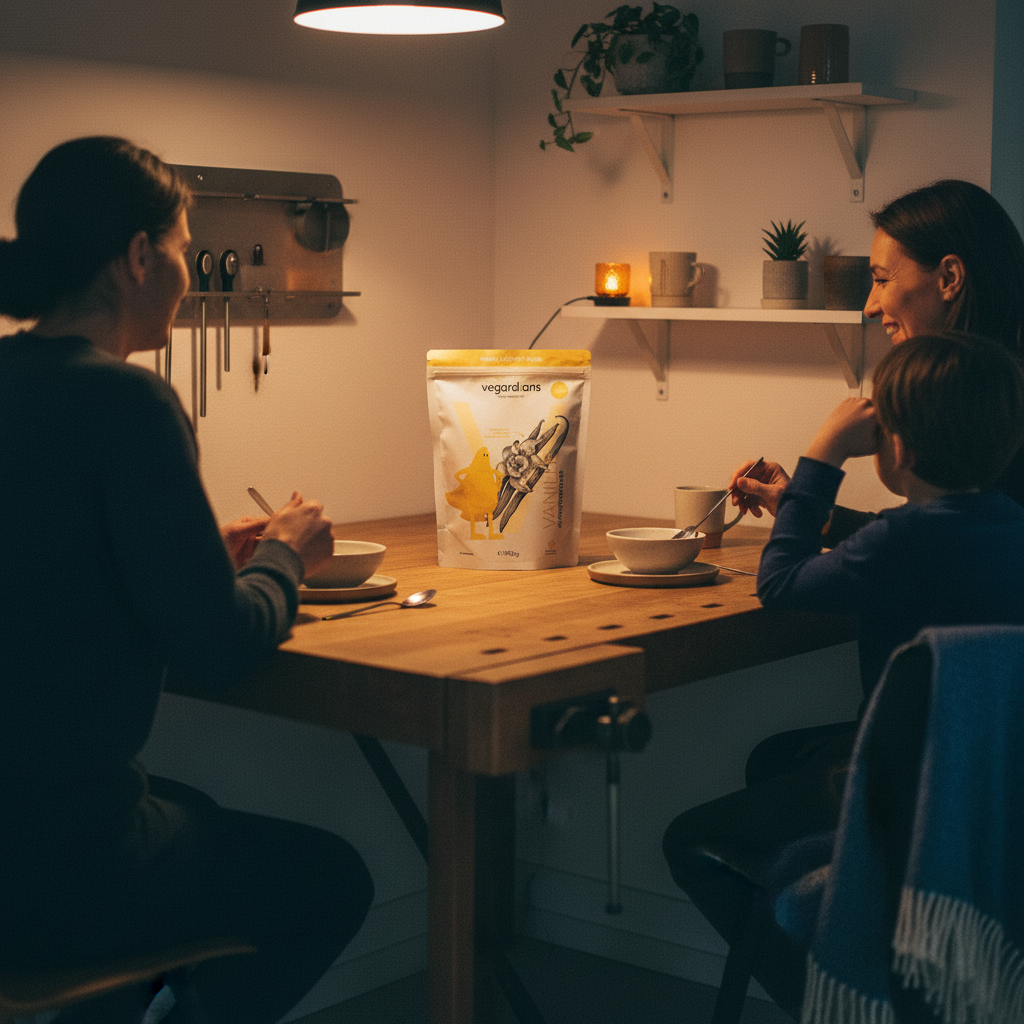 Intime Abend-Szene mit Freunden am Holztisch, warmes Licht und Industrieakzente, Produkt sichtbar auf dem Tisch als geburtstagsgeschenk 1000 €