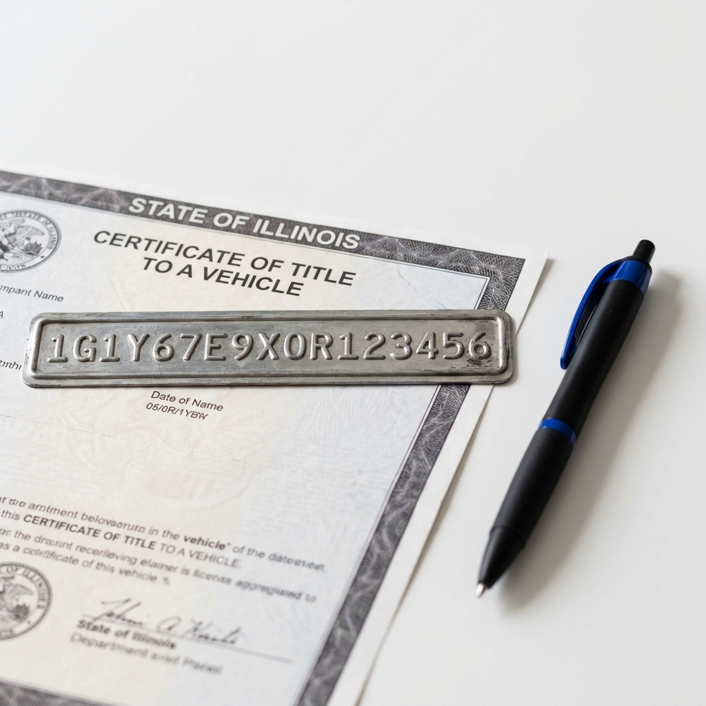 Close up of vehicle VIN plate and passport style title on a white table with a pen showing VIN details minimalist CarFax Deals aesthetic nissan skyline r34 for sale