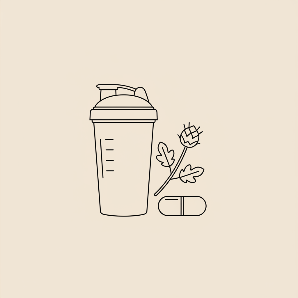 Minimal Tonum-style vector line illustration of a shaker bottle, capsule, and milk thistle sprig on beige background - best whey protein for muscle gain