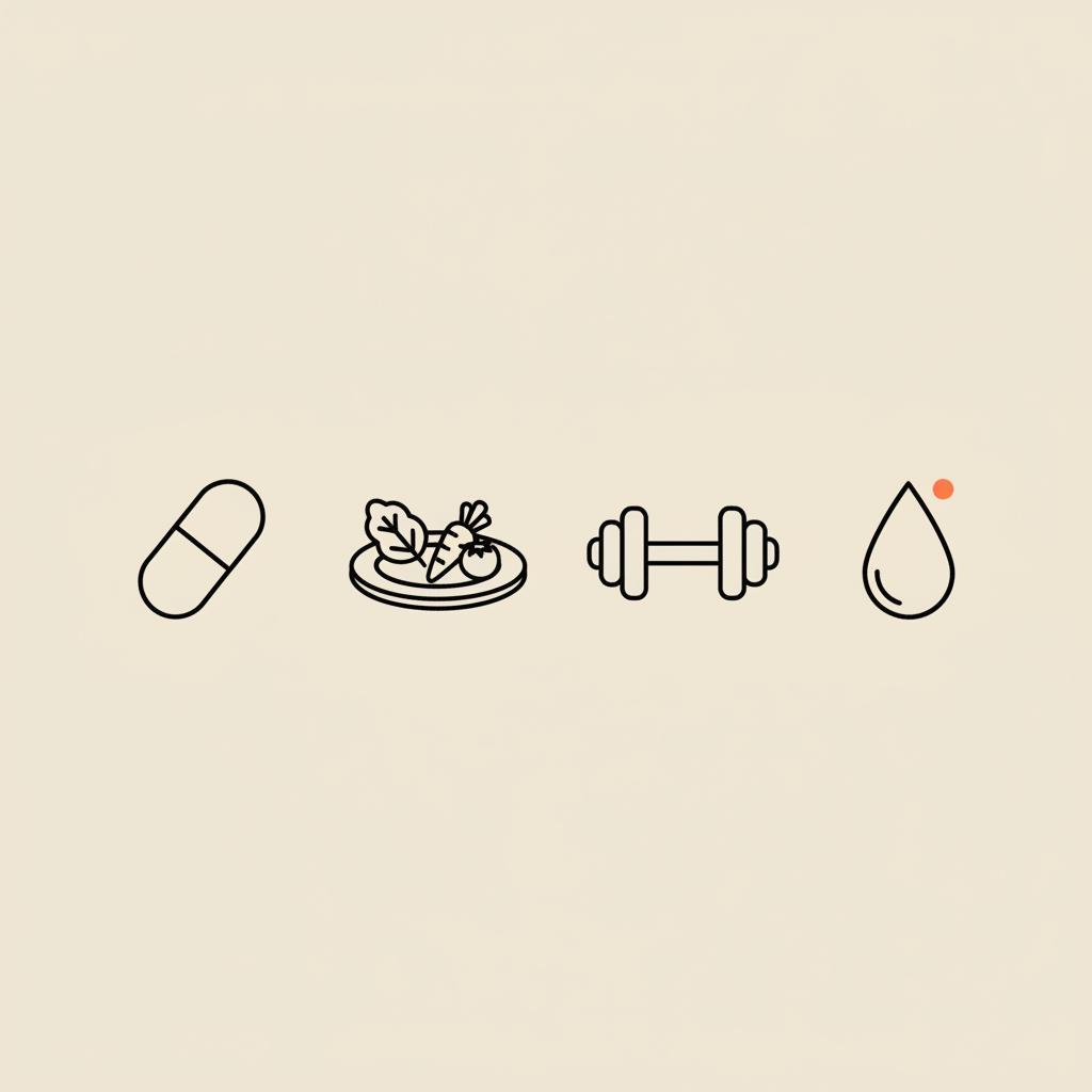 Minimal Tonum-style line illustration on beige background showing a capsule, plate of vegetables, small barbell, and water droplet to illustrate lose 20 lbs in 60 days.