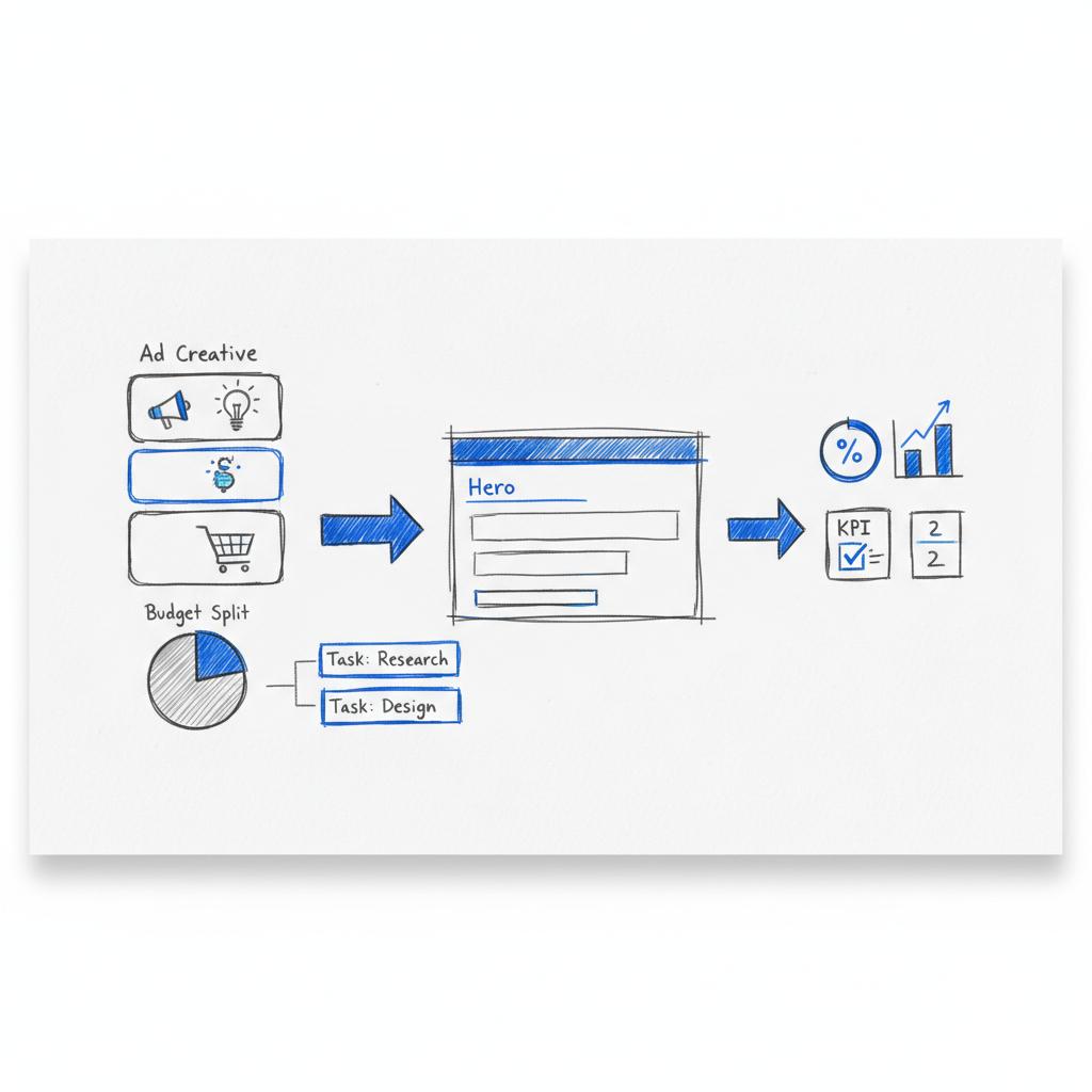 Flat-lay sketchpad showing a clean multi-step marketing funnel with ad thumbnails, landing page wireframe, and conversion metrics &mdash; visualizing Facebook ads CPA planning.