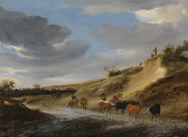 An Extensive Landscape With Cattle And Their Herdsmen Following A Partly Flooded