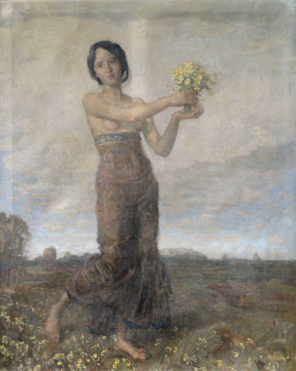 Mädchen mit Blumenstrauß als Allegorie des Frühlings 1913