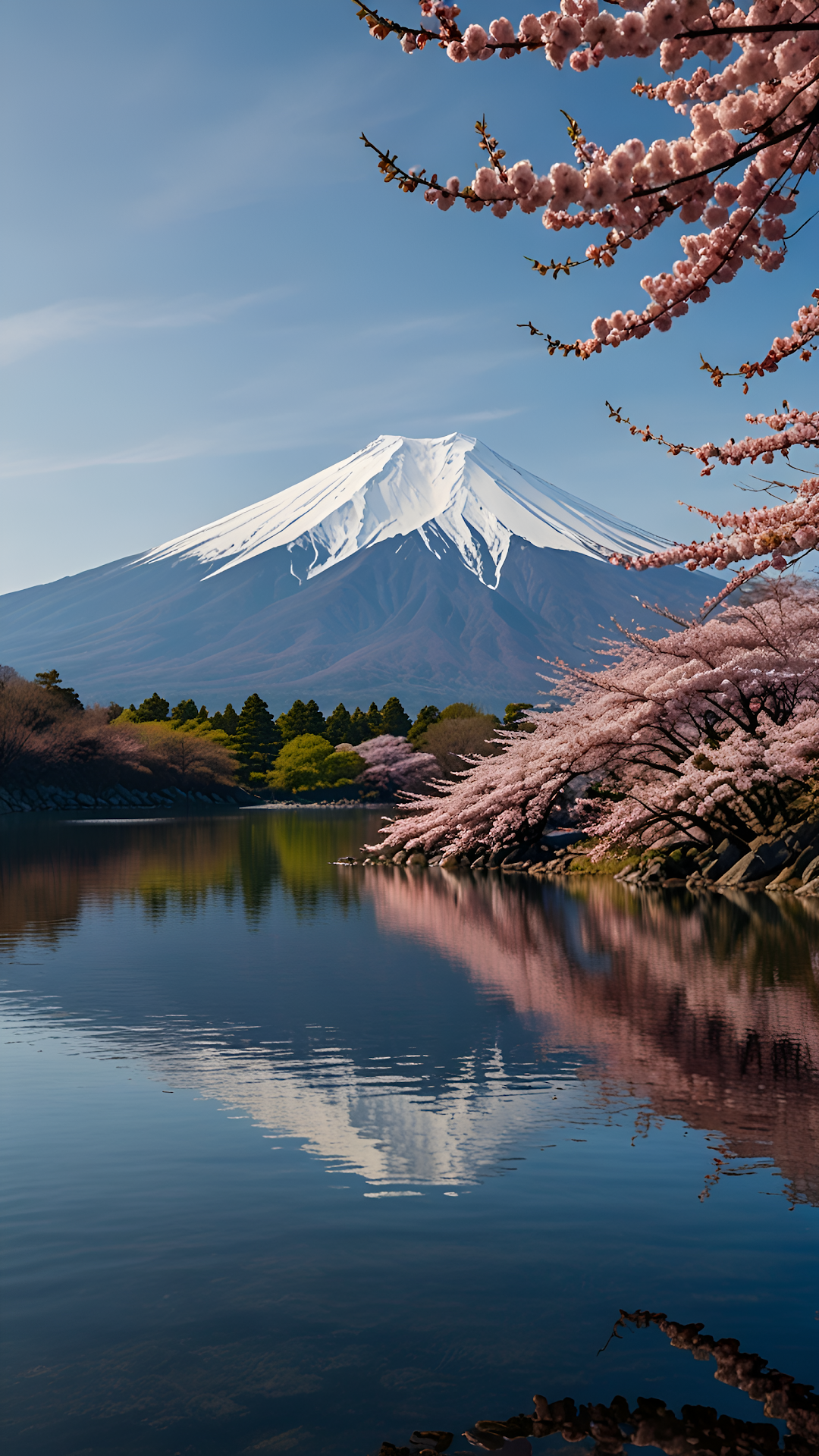 Mount Fuji with Cherry Blossoms Reflected in Calm Lake - Free 4K mobile Wallpaper