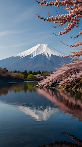 Mount Fuji with Cherry Blossoms Reflected in Calm Lake