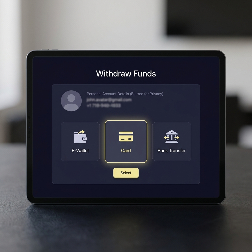 Close up full frame withdrawal dashboard screen with blurred personal details clear icons for e wallet card and bank transfer minimalist Funded Plays color theme includes 1xbetonline