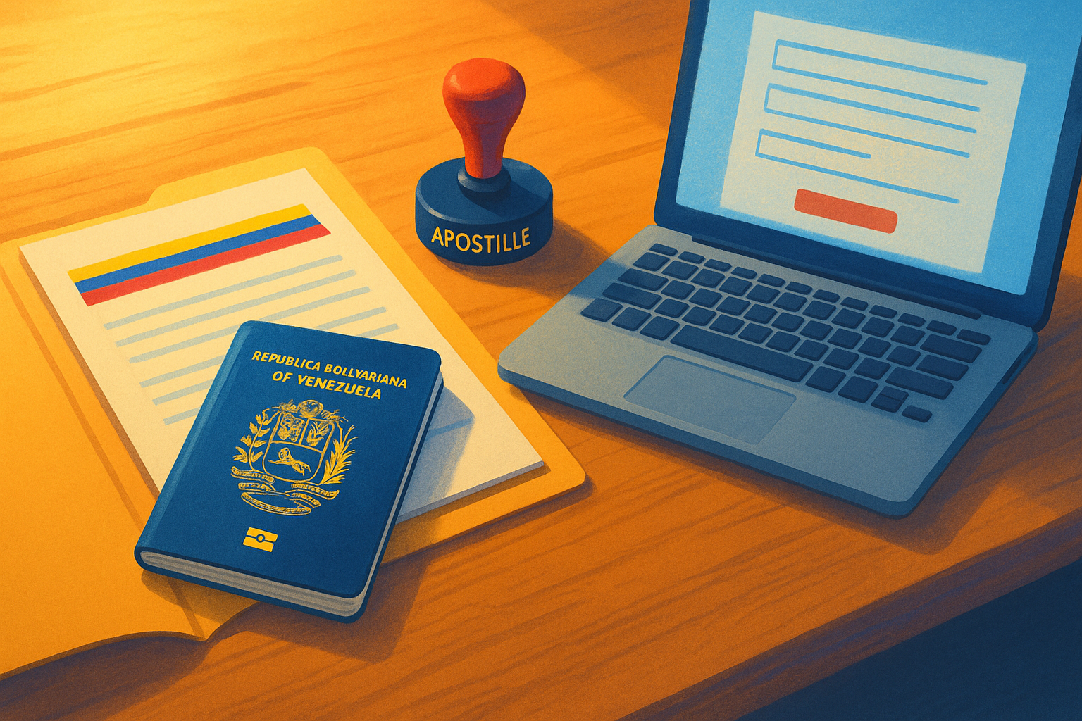 Carpeta de trámites y pasaporte con documentos para apostilla venezolana en el exterior