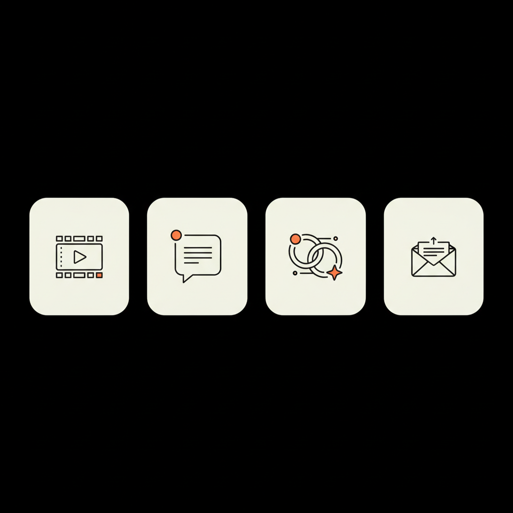 Minimal flat 2D vector infographic showing four icon alternatives to hashtags — reels, captions, collaborations, newsletter — in Social Success Hub palette. Warum entfernt Instagram Hashtags