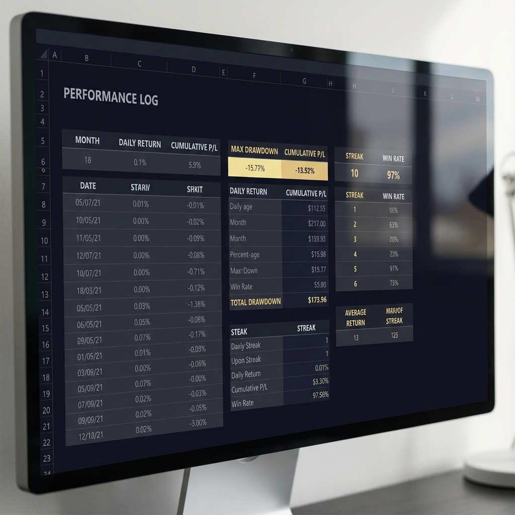Close up of performance log spreadsheet on screen highlighting drawdown and streak metrics The Core Skills Every Funded Sports Trader Needs