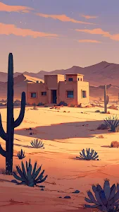 Desert Adobe House Landscape at Sunset with Cactus