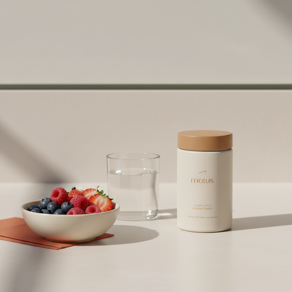 Motus supplement jar on neutral countertop with bowl of mixed berries and a glass of water in minimalist Tonum scene highlighting OTC Ozempic alternatives for weight loss