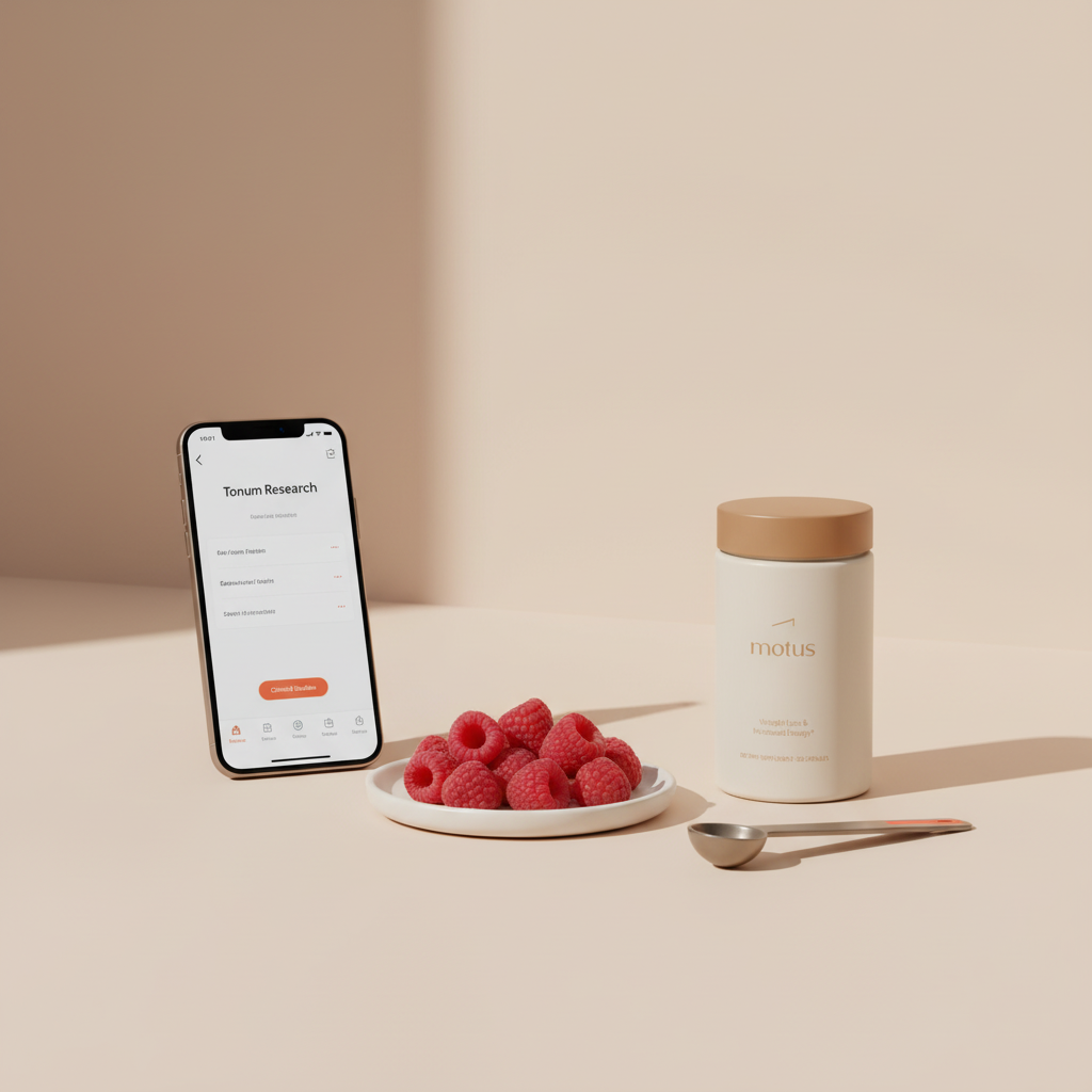 Minimalist tabletop scene with Tonum Motus supplement jar, plate of raspberries, measuring spoon and smartphone showing research page — raspberry ketones focus